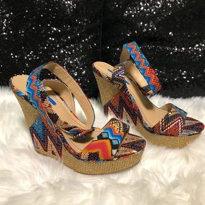 BCBG Raquel “Aztec Print” Ankle Strap Wedges